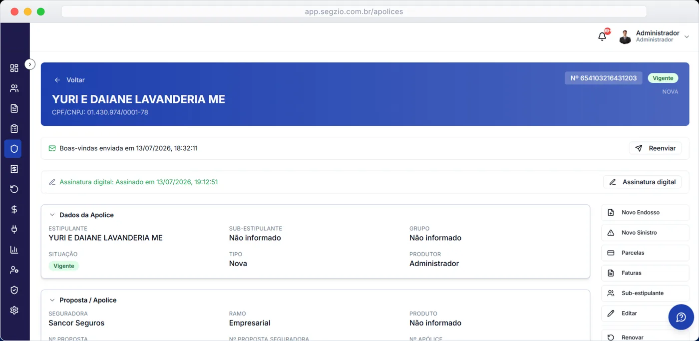 Tela de Apólice do sistema de gestão