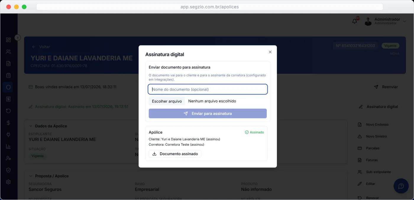 Tela de Assinatura digital do sistema de gestão